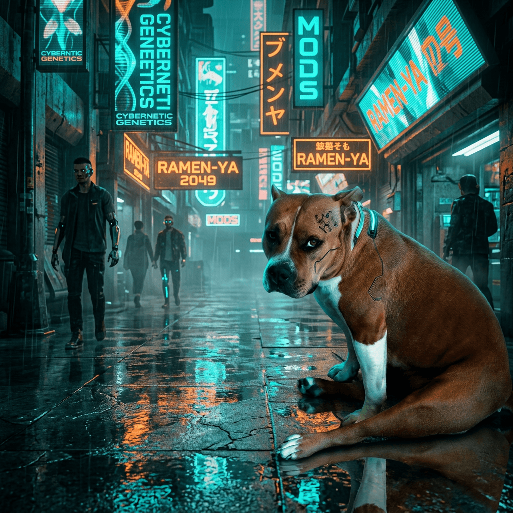 The same dog painted in Cyberpunk style