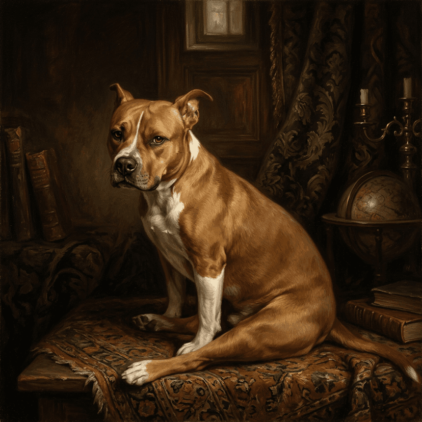Renaissance oil painting pet portrait — museum-quality chiaroscuro lighting